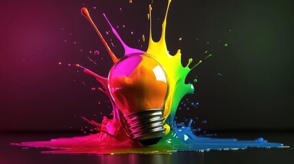 Poster - Light bulb surrounded by vibrant splashes of colorful paint against a dark background. Creativity and innovation concept.