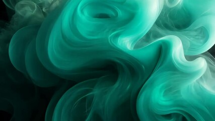Poster - Colorful teal smoke swirling gracefully in a dark environment with a soft abstract pattern, creating a mesmerizing visual effect