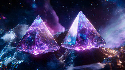 Poster - Two purple crystals placed on a solid black background showcasing their unique shapes and textures