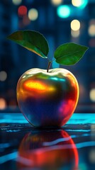 Poster - Glowing apple with vibrant colors and green leaves against bokeh lights, reflecting on a glossy surface. Futuristic design and digital art concept