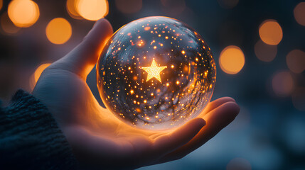Poster - magical hand-held starry light globe with warm bokeh glow, stars are used as a visual representation