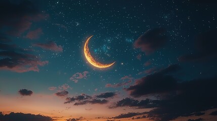 Poster - crescent moon and stars symbolizing the start of Ramadan 8k image