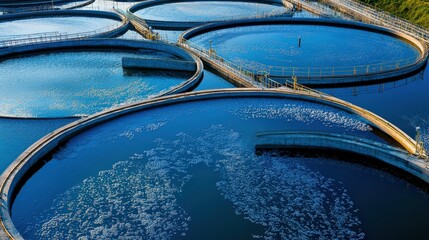 Wall Mural - Aerial view of circular water treatment tanks with clear blue water and gentle ripples in the background