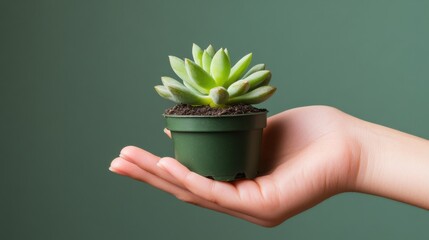 Wall Mural - A hand holds a small succulent plant in a green pot against a soft green background, emphasizing the beauty of nature and personal connection with plants.