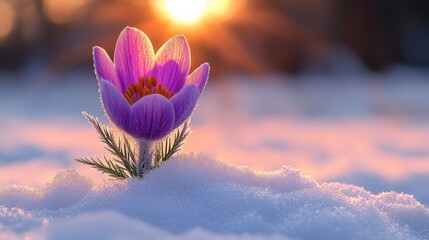 Aufkleber - Purple crocus flower blooming through snow at sunrise, highlighting resilience of nature. Early spring awakening and renewal concept.