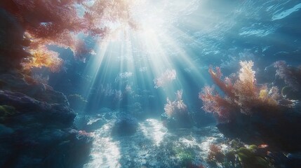 Wall Mural - Underwater ocean scene with sun rays and dynamic water movement