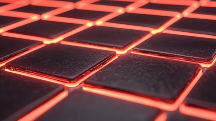 Wall Mural - Red Neon Illuminated Square Tiles in Close-Up Perspective