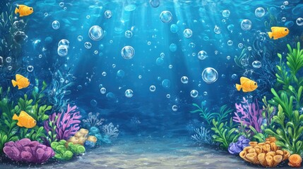 Wall Mural - Underwater scene with bubbles and blue sea background