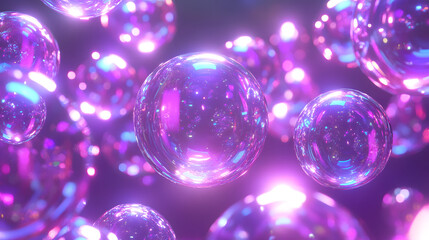 Poster - A collection of colorful soap bubbles floating in the air against a clear blue sky