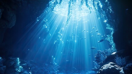 Wall Mural - Vertical underwater scene with rays of light in a serene blue environment