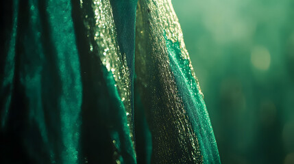 Poster - Close up view of a green curtain with water droplets highlighting texture and moisture