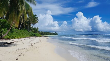 White sandy tropical beach with ocean waves and serene skies