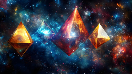 Poster - Three sparkling diamonds set in the center of a colorful cosmic nebula with swirling gas and dust
