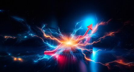 Poster - Vibrant orange and blue energy streams radiate from a central bright point against a dark, space-like background, creating a dynamic and abstract visual.