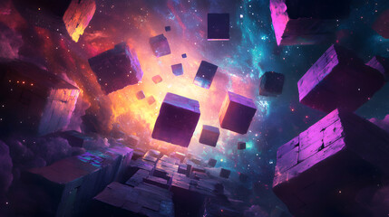 Poster - Colorful abstract space scene filled with floating cubes and stars in a vibrant cosmic background