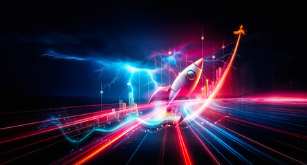 Poster - Dramatic sky with blue and red lightning bolts illuminating the night, above fast streaks of light crossing the dark ground below.