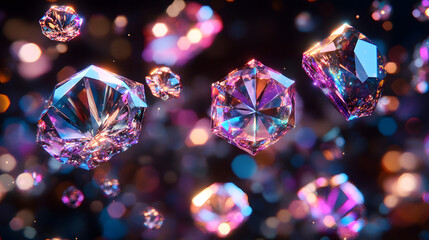 Poster - Group of sparkling diamonds arranged together on a reflective surface with soft lighting