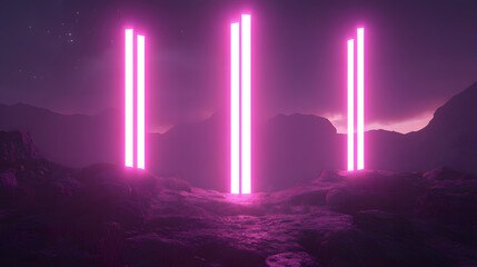 Poster - Pink neon light illuminating a mountain landscape at night
