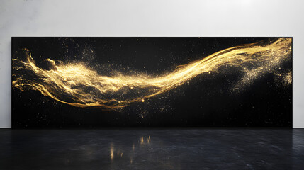 Poster - Large black wall featuring an elegant gold wave design in modern interior space