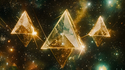 Poster - Group of geometric triangles floating in the center of a vibrant galaxy with stars and cosmic elements