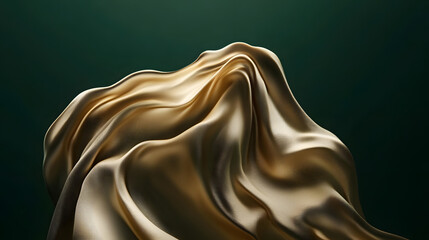 Poster - Gold silk fabric draped elegantly on a dark green background creating a rich textured visual contrast