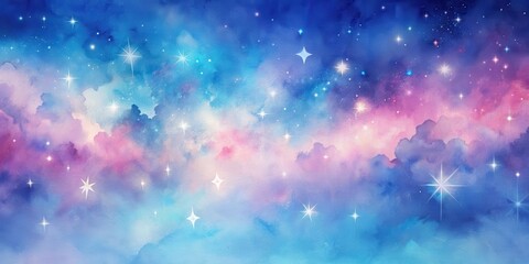 Wall Mural - Dreamlike Celestial Canvas A Serene Watercolor Night Sky with Shimmering Stars and Soft Pastel Clouds