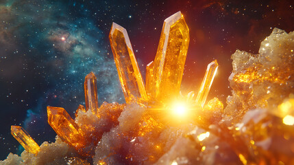Poster - Cluster of natural crystals with various shapes and sizes against a dark background