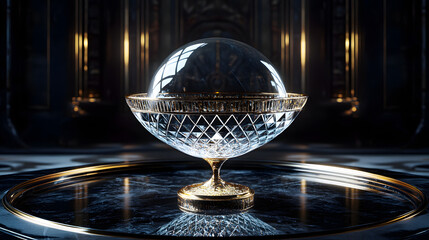 Poster - Glass sphere placed on a black table surface reflecting light and shadows