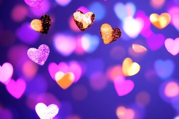 Wall Mural - Colorful Heart Bokeh Festive Glitter Background for Christmas, New Year, and Valentine's Day Design