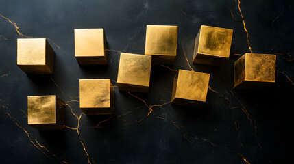 Poster - A collection of shiny gold cubes arranged on a smooth black surface showcasing geometric shapes and reflections