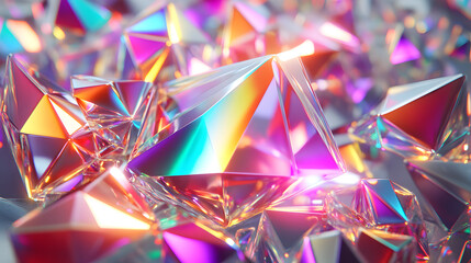 Poster - Scattered arrangement of numerous shiny diamonds on a reflective surface with varied angles and light reflections