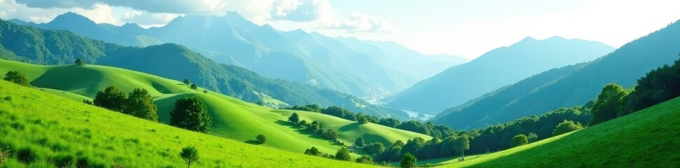 Wall Mural - rolling hills and mountains with lush green vegetation, mountains, nature