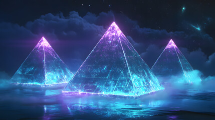 Poster - Three pyramids illuminated by bright blue light reflected in calm water at night