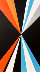 Poster - Abstract geometric design with converging triangles in orange, blue, and white on black background. Modern art and optical illusion concept