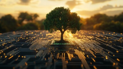 Poster - Tree growing from a computer circuit board against a sunset skyline, symbolizing technology and nature integration. Futuristic sustainability and innovation concept