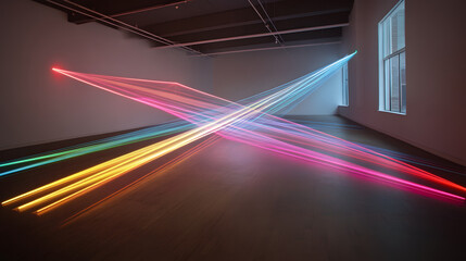 Poster - Room interior featuring artistic light painting on wall with modern decor and furniture