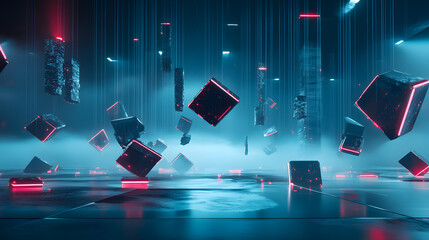 Poster - A group of colorful cubes floating in the air against a simple background