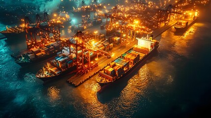 Poster - Glowing Cargo Ships Docked at Bustling Port Symbolizing Global Distribution Efforts