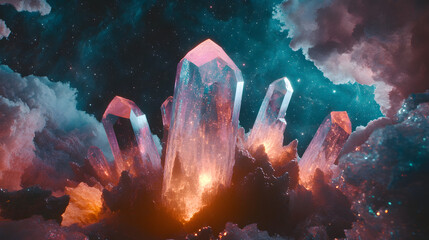 Poster - Large crystal formation illuminated against a dark starry sky at night