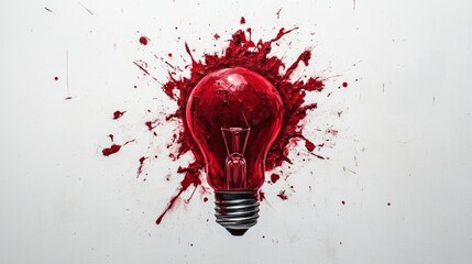Poster - Red painted light bulb splattering paint against a white background, symbolizing innovation and creativity. Artistic expression and abstract concept