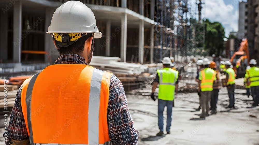 70. A construction project site with workers wearing helmets and high ...