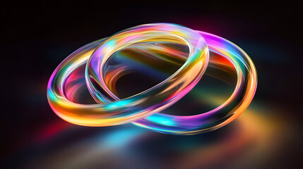Poster - Two rings illuminated with colorful light streaks on a dark background creating a vibrant abstract design