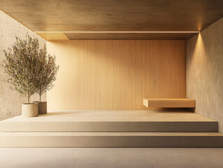 Wall Mural - Minimalist interior design featuring wood textures and natural elements in a serene space