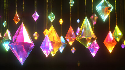 Poster - Colorful crystals hanging from strings in various shapes and sizes against a neutral background