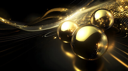 Poster - Shiny gold sphere isolated on a black background with smooth surface reflecting light and shadows
