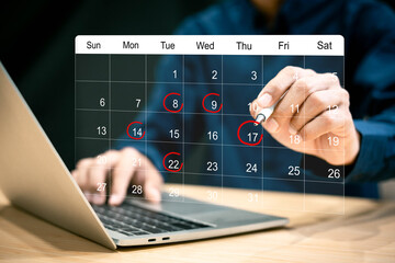 businessman manages time for effective work. calendar on the virtual screen interface, businessman m