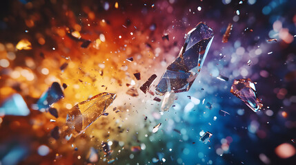 Poster - Colorful explosion of shattered glass pieces on a dark background