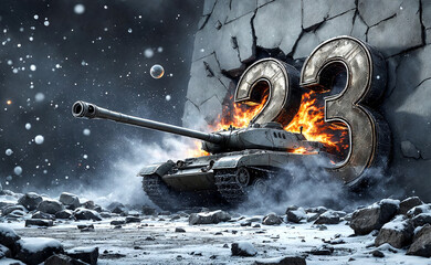 Poster - tank near the wall, symbol of Defender of the Fatherland Day, February 23 . Generative AI