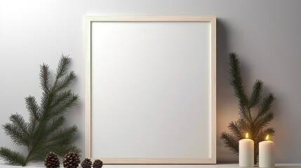 Wall Mural - White Blank Picture Frame with Christmas Decorations, Holiday Festive Mockup