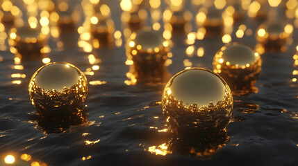 Poster - Group of colorful spheres floating on the surface of calm water in natural light